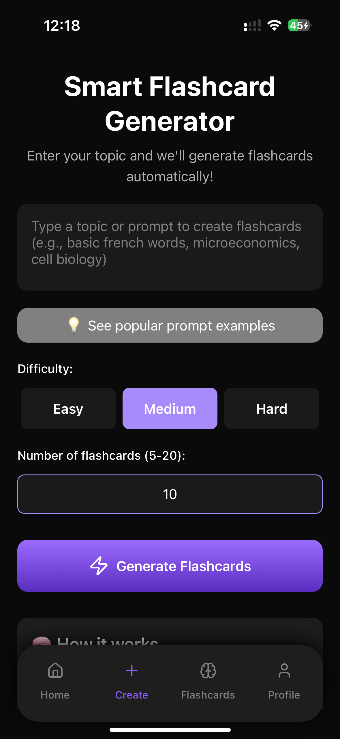 FlashRecall flashcard app screenshot 1 - AI study tool with spaced repetition